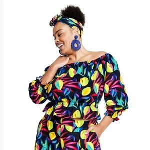 Tabitha Brown X Target Off Shoulder Peplum Top Sz 1X Linen Blend Lemon‎ Tropical